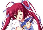 Rating: s Tags: animal, anime girl, blush, brown eyes, cute, girl, kawaii, Kobuichi, long hair, red hair, ribbon, ribbons, smile, twintails, wink