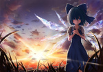 Rating: s Score: 9.67 Tags: touhou, wings, sunset, girl, fairy, blue hair, sky, short hair, blue eyes, dress, ribbon, cirno