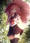 Rating: s Tags: blush, day, leaves, orange eyes, pink hair, seifuku, short hair, smile, twin tails, umbrella