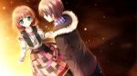  Tags: brown hair,couple,game cg,girl,green eyes,highres,inui yuki,jacket,kimishima ao,male,otome ga tsumugu koi no canvas,pendant,red eyes,short hair,wide image