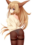  Score: 18 Tags: ass,brown hair,girl,horn (horns),ibuki suika,light erotic,long hair,looking back,masiroke,panties,pantyhose,purple eyes,simple background,single,sweater,tall image,touhou