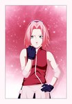  Tags: bandana,dartroberth,fist,frame,girl,gloves,green eyes,hand on hip,haruno sakura,naruto,pink hair,short hair,single,sleeveless,tall image