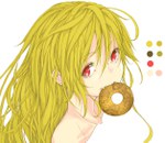  Score: 36 Tags: bakemonogatari,bare shoulders,blonde hair,doughnut,fang (fangs),girl,long hair,monogatari (series),nisemonogatari,oshino shinobu,red eyes,simple background,solo,white