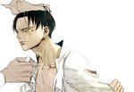  Tags: black eyes,blood,brown hair,hands,levi (rivaille),male,open shirt,par,shingeki no kyojin,short hair,simple background,white