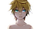  Score: 9 Tags: aqua eyes,bare shoulders,blonde hair,kagamine len,keishi,male,short hair,simple background,solo,vocaloid,white