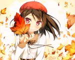  Score: 9 Tags: 5 nenme no houkago (artbook),autumn-leaf,beret,black hair,blush,girl,highres,kantoku,leaf (leaves),long hair,red eyes,shizuku (kantoku),solo