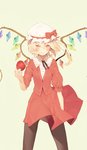  Tags: apple,blonde hair,blush,bonnet,bow,crystal,flandre scarlet,fruit,girl,long fingernails,long hair,looking at viewer,pantyhose,red eyes,side ponytail,simple background,single,skirt,tall image,touhou,wings,yotsuba (artist)