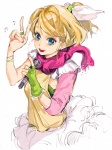  Score: 9 Tags: blonde hair,blue eyes,bracelet,earrings,fingerless gloves,girl,gloves,hairclip,hair ornament,holding,jewelry,kagamine rin,looking at viewer,microphone,musical note,nail polish,notes,open mouth,ponytail,ring,scarf,short hair,simple background,single,single glove,smile,tall image,tyuh (pixiv),victory,vocaloid,white