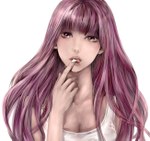  Score: 52 Tags:  bare shoulders breasts cleavage face finger to mouth girl kingyo0 long hair megurine luka purple eyes purple hair simple background solo tongue vocaloid white 