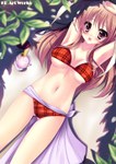  Tags: bikini,blush,brown hair,caidychen,girl,leaf (leaves),light erotic,long hair,lying,midriff,navel,open mouth,original,purple eyes,solo,tall image