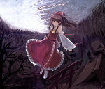  Tags: ashiyama yoshinori (artist),brown hair,detached sleeves,flying,girl,hair bow,hakurei reimu,long hair,miko,red eyes,smile,solo,stairs,torii,touhou