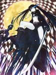  Score: 18 Tags: bikini top,black hair,black rock shooter,black rock shooter (character),blue eyes,chain,checkered background,cloak,girl,glowing eye (eyes),hirokiku,katana,knee boots,long hair,shorts,single,tall image,twintails,weapon