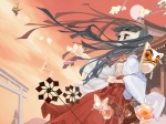  Tags: black hair,breasts,flat chest,flower (flowers),japanese clothes,light erotic,long hair,mask,miko,open shirt,origami,original,sideboob,sunset,twintails,yuuki (irodo rhythm)