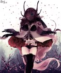  Score: 9 Tags: black gloves,black thighhighs,black wings,bones,bra,elbow gloves,flower (flowers),fringe,girl,gloves,glowing,glowing eye (eyes),heterochromia,highres,horn (horns),hzrn (ymj924),light erotic,lingerie,looking at viewer,panties,petals,pink hair,rose (roses),single,skeleton,tall image,thighhighs,underwear,very long hair,wedding,wedding veil,wings