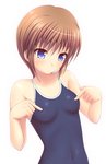  Tags: bare shoulders,blue eyes,blush,brown hair,girl,kk-sk-ray,light erotic,looking at viewer,original,short hair,simple background,single,swimsuit,tall image,white