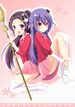  Tags: 2girls,black hair,blush,broom,elsea de lute irma,hair ornament,haqua du lot herminium,kami nomi zo shiru sekai,light erotic,long hair,looking at viewer,ponytail,purple eyes,purple hair,red eyes,school uniform,skirt,tall image,thighhighs,uniform,white thighhighs