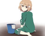  Tags: barefoot,blonde hair,brown eyes,girl,gym uniform,hair ornament,hanasaku iroha,looking at viewer,matsumae ohana,short hair,sitting,solo