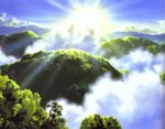  Score: 18 Tags: branch,cloud (clouds),forest,kazuo oga,landscape,light,mononoke hime,mountain,nature,no people,official art,scan,sky,studio ghibli,summer,sun,sunlight,tree (trees)