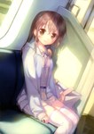  Tags: blush,brown eyes,brown hair,dress,girl,highres,long hair,looking at viewer,original,sitting,solo,takoyaki,tall image,white thighhighs