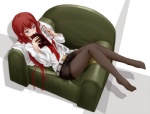  Score: 25 Tags:  armchair belt blue eyes blush girl long hair magazine makise kurisu necktie no shoes pantyhose red hair shirt shorts sofa steins;gate tsukineko 