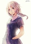  Score: 9 Tags: blush,braid (braids),dress,girl,grey eyes,hands in pockets,ia (vocaloid),signed,simple background,single,tall image,twin braids,vocaloid,white,white hair,yuji kazakiri