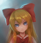  Tags: bai yemeng,blonde hair,blue eyes,bow,bust,dress,girl,grey,hair bow,long hair,looking at viewer,shanghai,single,tall image,touhou