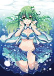  Score: 45 Tags: bikini,blush,bubble (bubbles),detached sleeves,girl,green eyes,green hair,hair ornament,kochiya sanae,light erotic,long hair,looking at viewer,matsuri uta,single,skirt,smile,tall image,touhou,underwater