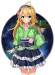  Tags: ahoge,blonde hair,blush,cup,girl,green eyes,headscarf,hoshii miki,idolmaster,kuro kin,long hair,looking at viewer,obi,single,skirt,sky,smile,star (stars),tall image,tray