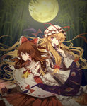  Score: 26 Tags: 2girls,blonde hair,bonnet,brown hair,dress,fan,gohei,hair bow,hakurei reimu,long hair,moon,nae (artist),ofuda,red eyes,tall image,touhou,yakumo yukari