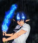  Tags: angry,ao no exorcist,black hair,blue eyes,cloud (clouds),coloring,glowing,grin,highres,katana,magic,male,necktie,night,okumura rin,pointy ears,rain,shirt,short hair,simvole,single,sky,tall image,weapon