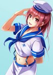  Score: 9 Tags: beret,free!,girl,long hair,matsuoka gou,open mouth,ponytail,red eyes,red hair,sailor suit,single,smile,tall image