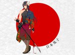 Score: 18 Tags:  black hair boots fingerless gloves gloves hieroglyph highres hinomoto oniko horn (horns) japanese clothes japanese flag long hair male mask pants solo spear sukichi (artist) weapon 