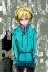  Tags: alternate costume,aqua eyes,blonde hair,fringe,hands in pockets,jacket,kagamine len,male,short hair,smile,solo,tall image,tcb (pixiv),vocaloid