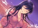  Score: 9 Tags: black hair,eyes closed,game cg,girl,large breasts,light erotic,long hair,shindan no kekka,shirt,sunset