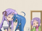  Tags:  hiiragi_kagami hiiragi_tsukasa izumi_konata lucky_star pajamas school_uniform wallpaper yuri 