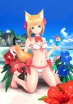  Score: 24 Tags: beach,bikini,breasts,cloud (clouds),fang (fangs),flower (flowers),fox ears,foxgirl,fox tail,furukurosu (artist),girl,green eyes,hair flower,hibiscus,highres,light erotic,light smile,looking at viewer,midriff,navel,orange hair,original,palm tree,sand,sea,short hair,single,sky,tall image
