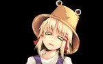  Tags: black,blonde hair,girl,hair ribbon,hat,moriya suwako,open mouth,short hair,solo,touhou,yellow eyes