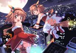  Tags: 2girls,bare shoulders,bell,blush,broom,brown eyes,brown hair,city,fur,girls,light erotic,long hair,looking at viewer,looking back,moon,night,original,panties,white thighhighs,yu 3