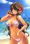  Score: 70 Tags: 108 gou (artist),ahoge,beach,bikini,black hair,blue eyes,breasts,girl,hair flower,highres,light erotic,long hair,navel,original,single,tall image