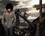  Score: 30 Tags: 2boys,back,black eyes,black hair,brown hair,cloud (clouds),couple,cross,death note,from behind,hands in pockets,headless,jeans,l,looking at viewer,male,ruins,scythe,short hair,sitting,sky,standing,statue,suit,wings,yagami light