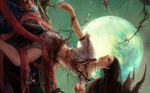  Score: 41 Tags: bracelet,brown hair,butterfly,flower (flowers),girl,green eyes,hdhcg,highres,long hair,moon,navel,night,pendant,petals,realistic,tattoo,tree (trees),widescreen