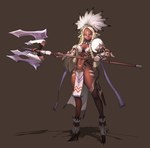  Score: 45 Tags: absurdres,animal ears,blonde hair,brown eyes,dark skin,facial mark,feather (feathers),girl,headdress,highres,huge weapon,legs,light erotic,long hair,navel,simple background,single,sword,tenten (pixiv 1600747)