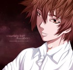  Score: 9 Tags: brown hair,defence devil (manga),inferno2446,inscription,male,mephisto barto dertov reffertlark kucabara,orange eyes,portrait,shirt,short hair,smile,solo