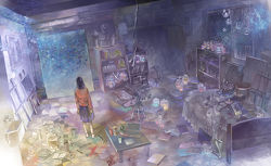  Score: 42 Tags: absurdres,back,bag,binoculars,book (books),bookshelf,bottle,chair,from behind,girl,highres,masaki (smoothiepool),original,paint,paintbrush,paper,picture,purple hair,shelf,short hair,single,skirt,standing,sweater,table,toy,water,wide image