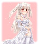  Score: 18 Tags: blush,fujimoto akio (artist),garter belt,girl,light erotic,long hair,original,panties,red eyes,white dress,white hair,white thighhighs