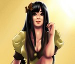  Tags: black hair,brown eyes,cleavage,girl,hair bow,large breasts,light erotic,long hair,looking at viewer,single,tagme (artist),yellow