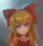  Score: 9 Tags: bai yemeng,blonde hair,blue eyes,bow,bust,dress,girl,grey,hair bow,long hair,looking at viewer,shanghai,single,tall image,touhou