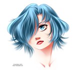  Score: 16 Tags: bloch,blue eyes,blue hair,fairy tail,girl,hair over one eye,highres,inscription,juvia loxar,short hair,simple background,solo,white