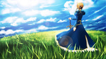  Score: 18 Tags: blonde hair,cloud (clouds),dress,fate (series),fate/stay night,girl,grass,hair up,highres,lawliert,saber,short hair,single,sky,sword,weapon,wide image