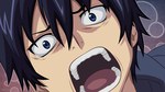  Tags: ao no exorcist,black hair,blue eyes,face,highres,looking at viewer,male,morrow (pixiv),okumura rin,open mouth,portrait,short hair,simple background,solo,vector,wide image,widescreen